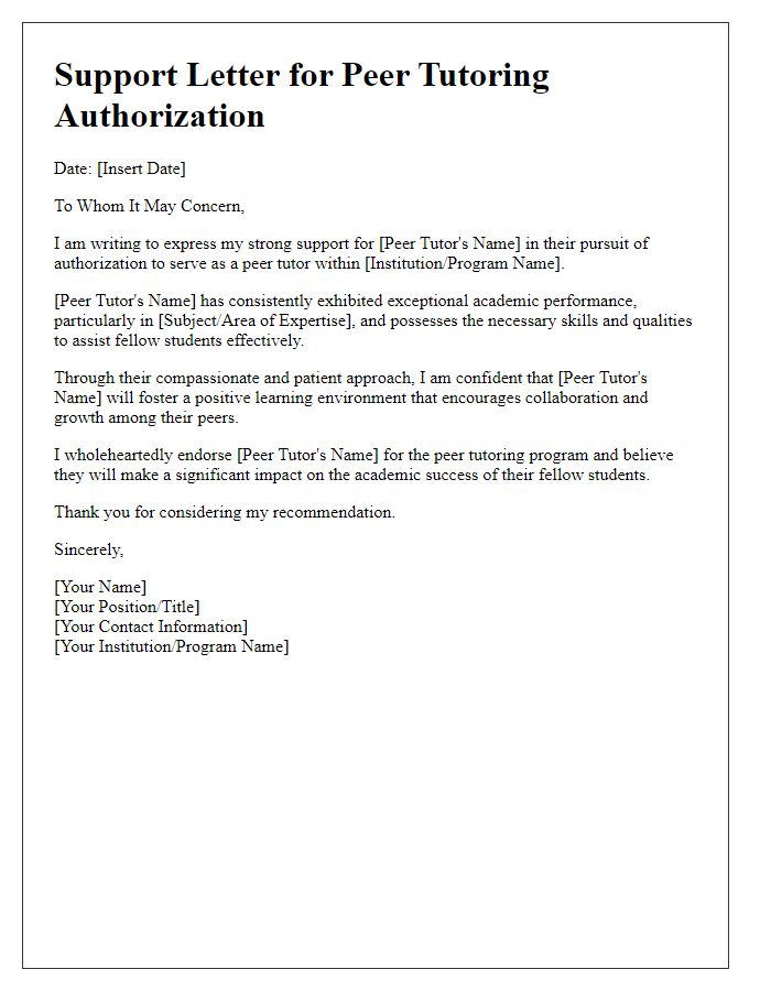 Letter template of support for peer tutoring authorization