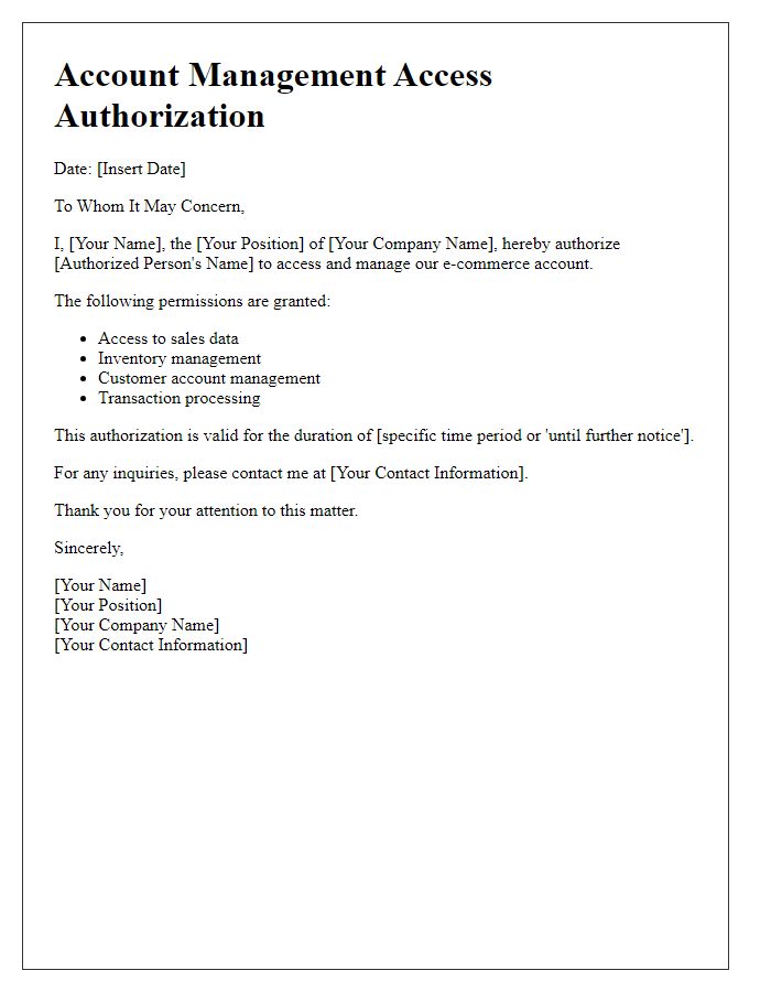 Letter template of e-commerce account management access authorization