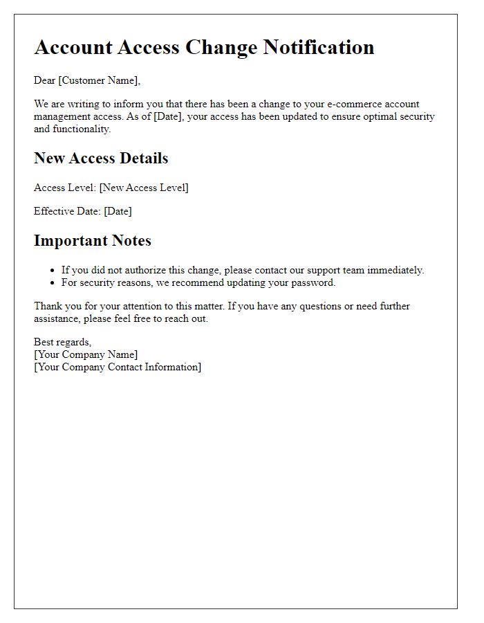 Letter template of e-commerce account management access change notification