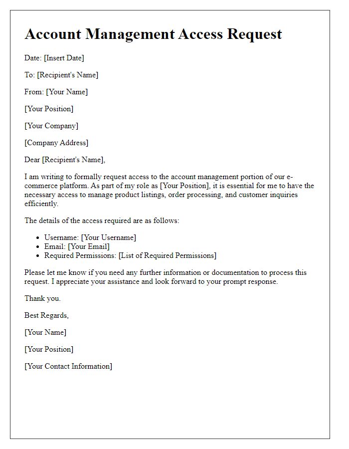 Letter template of e-commerce account management access request