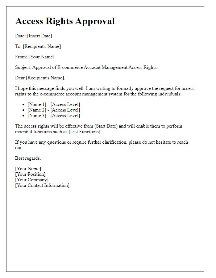 Letter template of e-commerce account management access rights approval