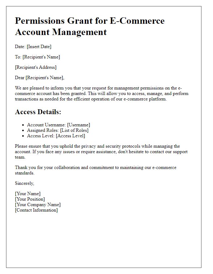 Letter template of e-commerce account management permissions grant