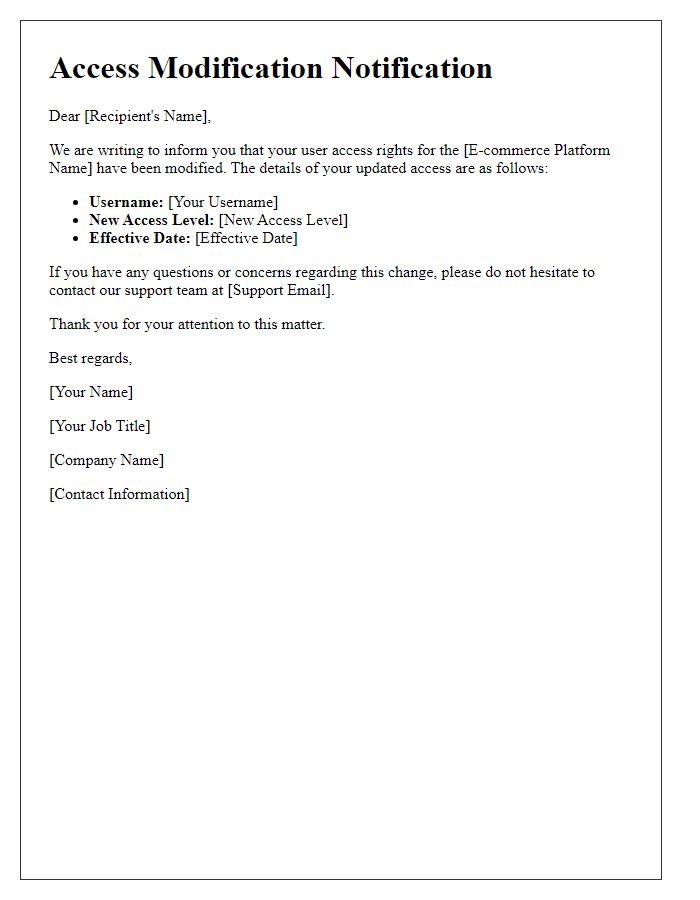 Letter template of e-commerce account management user access modification