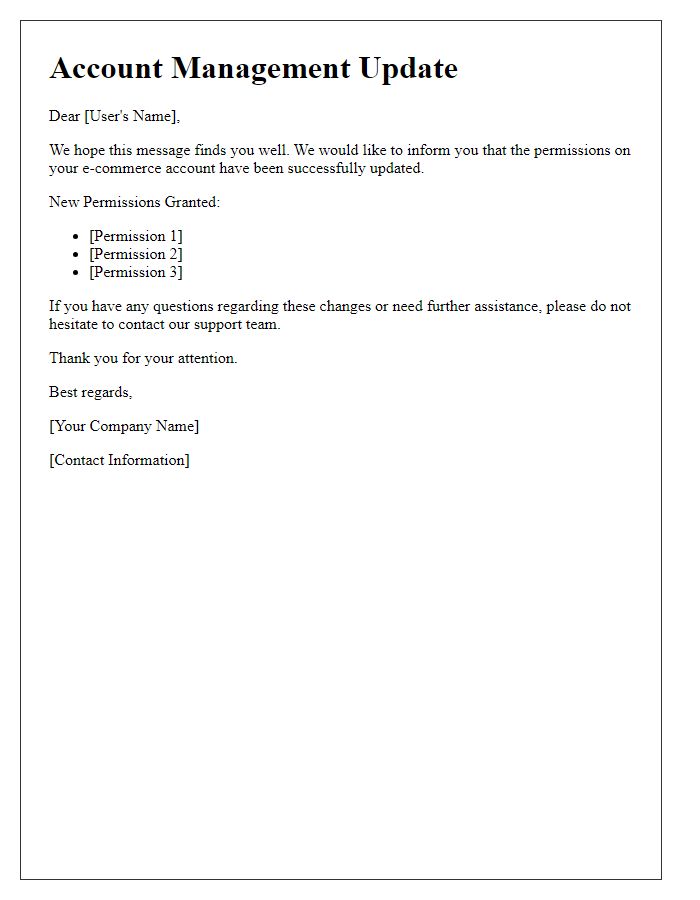 Letter template of e-commerce account management user permission update