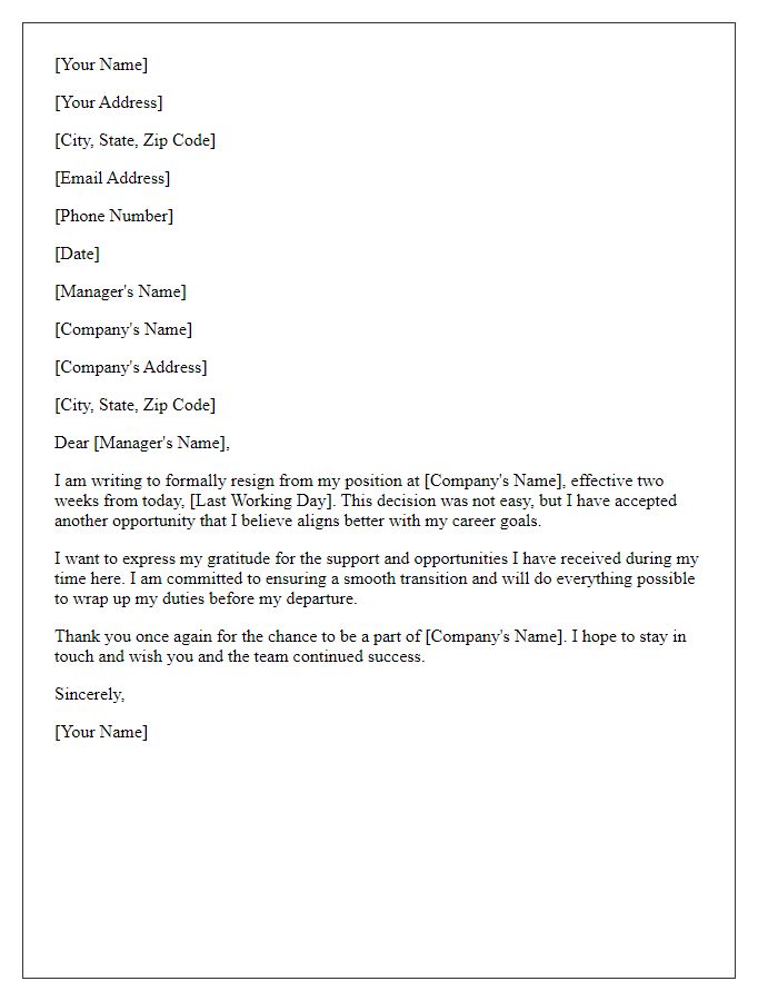 Letter template of two weeks resignation notice for contract positions.