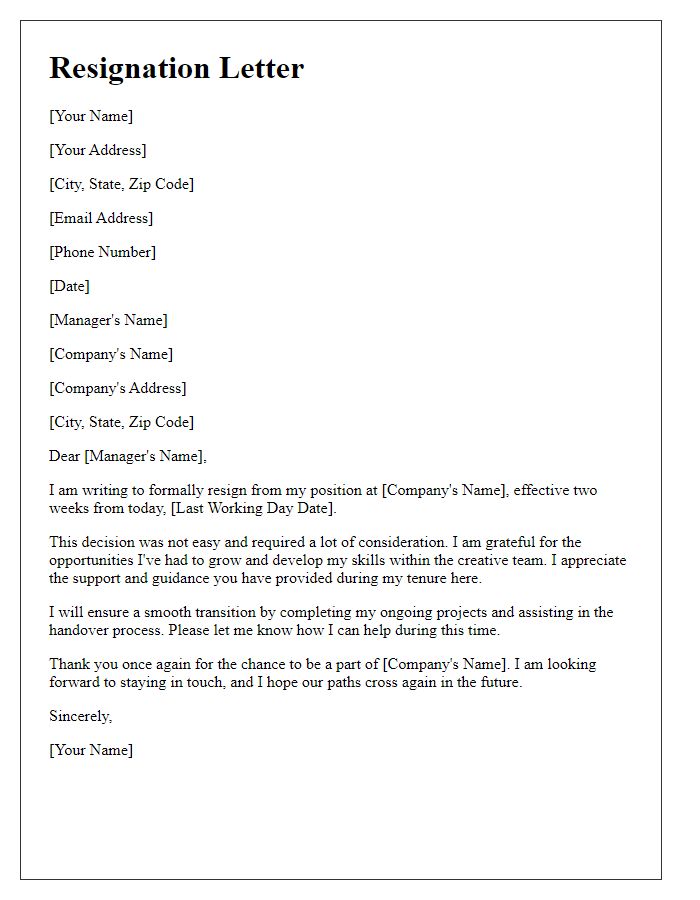 Letter template of two weeks resignation notice for creative industry jobs.