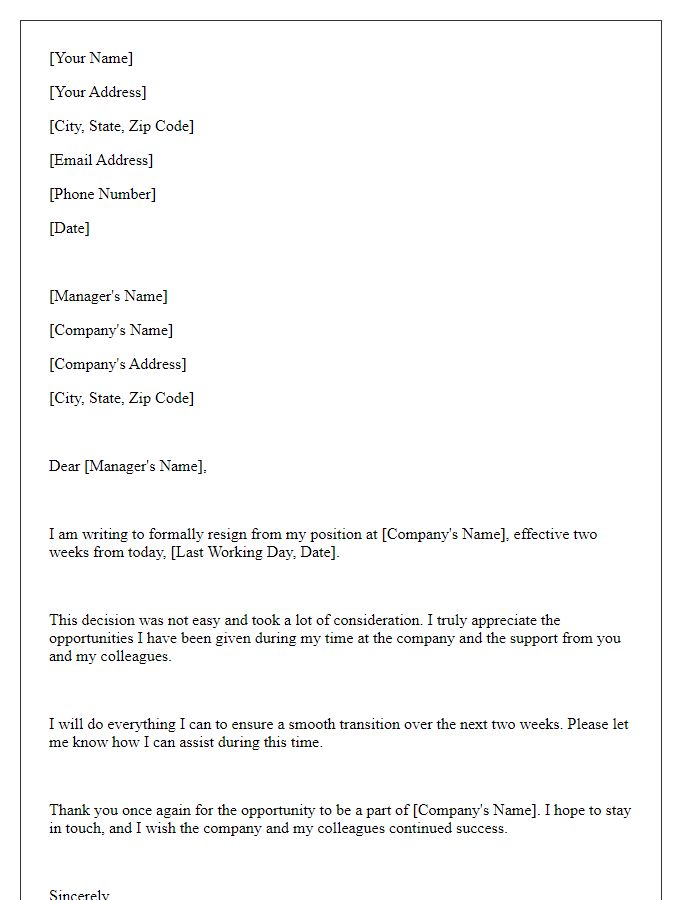 Letter template of two weeks resignation notice for a formal workplace.