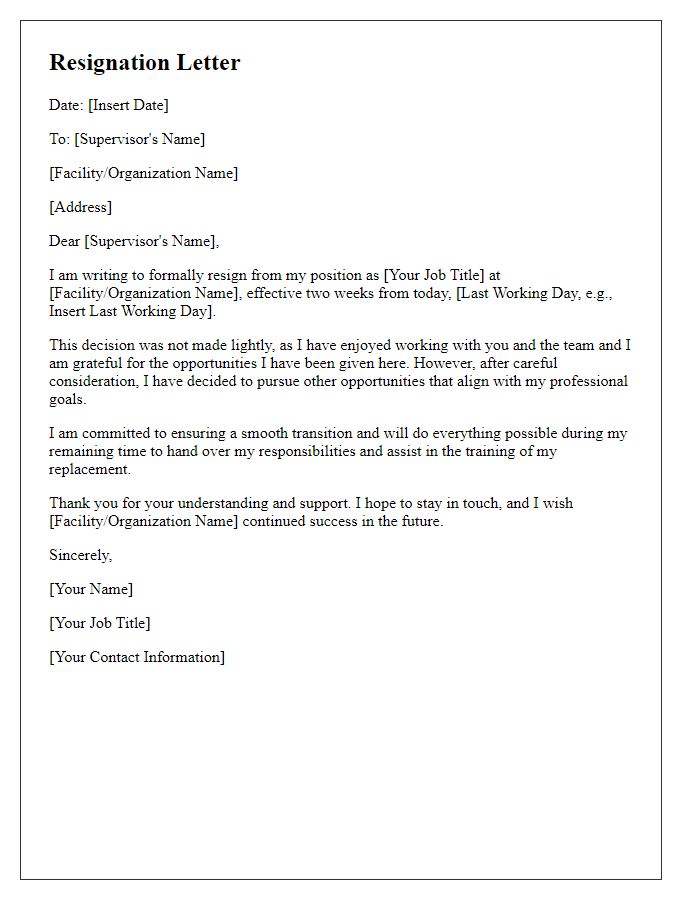 Letter template of two weeks resignation notice for healthcare professionals.