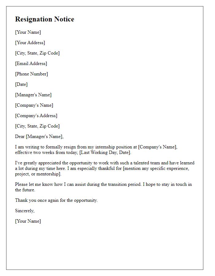 Letter template of two weeks resignation notice for internships.