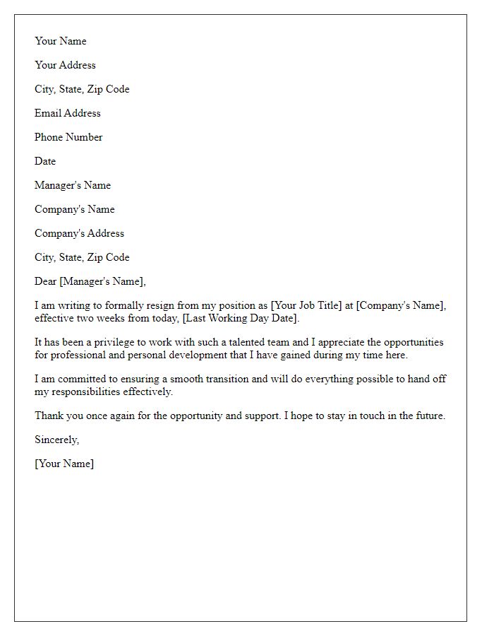 Letter template of two weeks resignation notice for managerial positions.