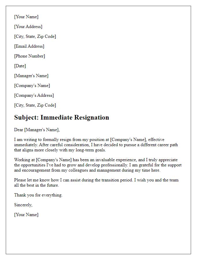 Letter template of immediate resignation due to career change