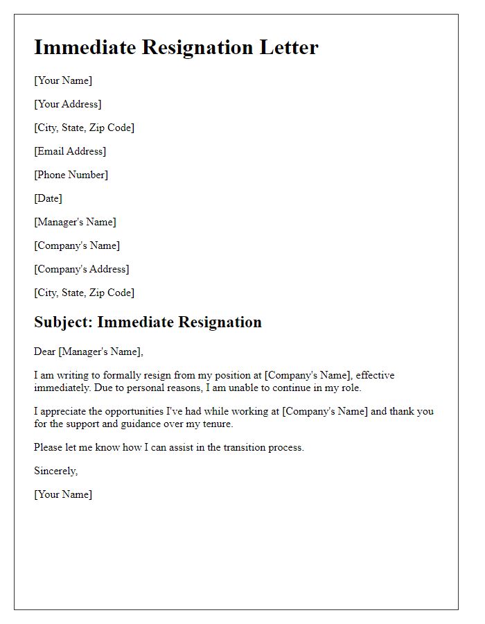 Letter template of immediate resignation due to personal reasons