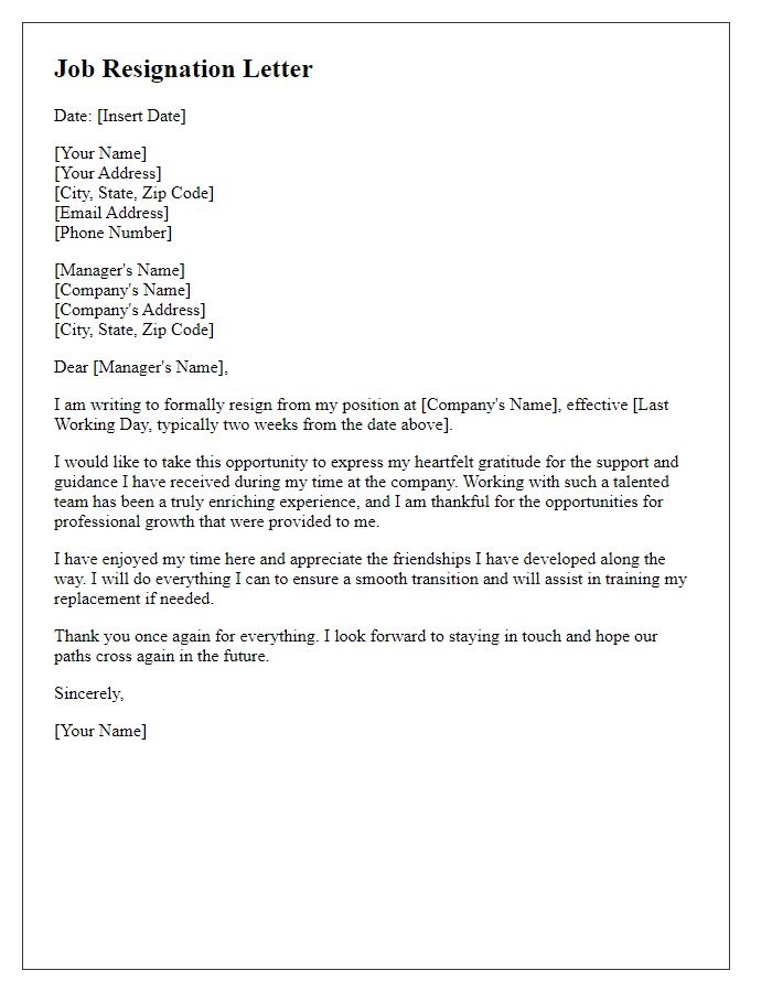 Letter template of job resignation highlighting appreciation