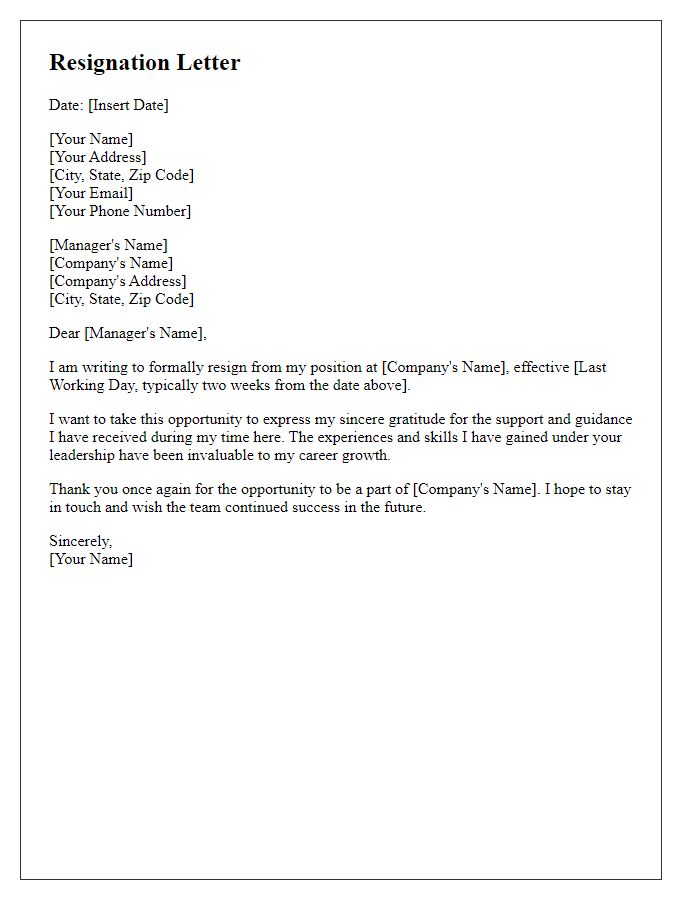 Letter template of resignation expressing appreciation for support