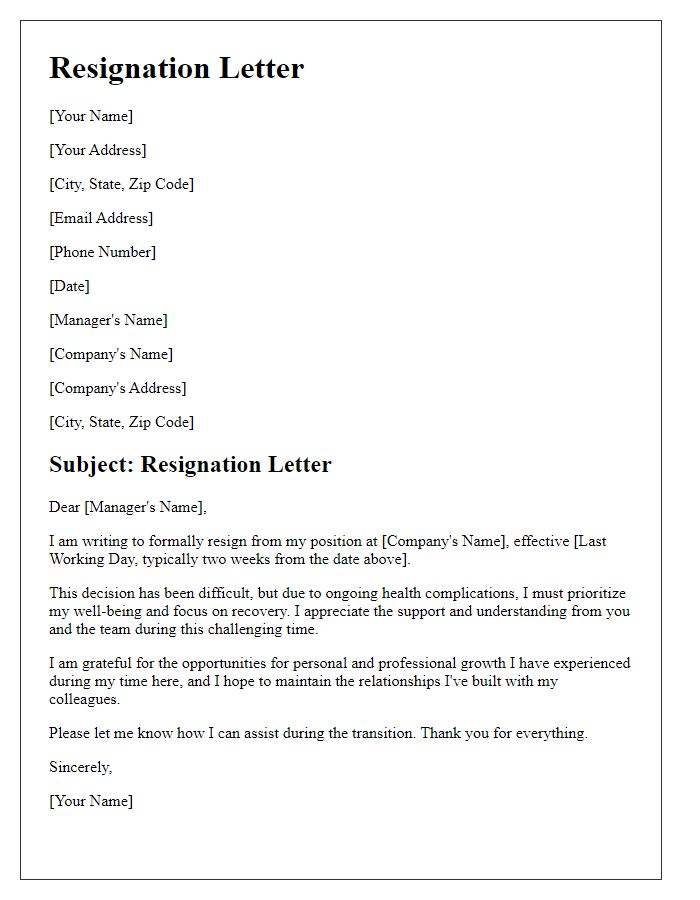 Letter template of resignation citing health complications