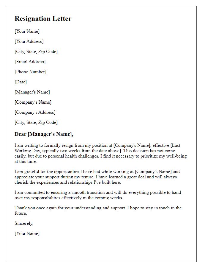 Letter template of resignation for personal health challenges