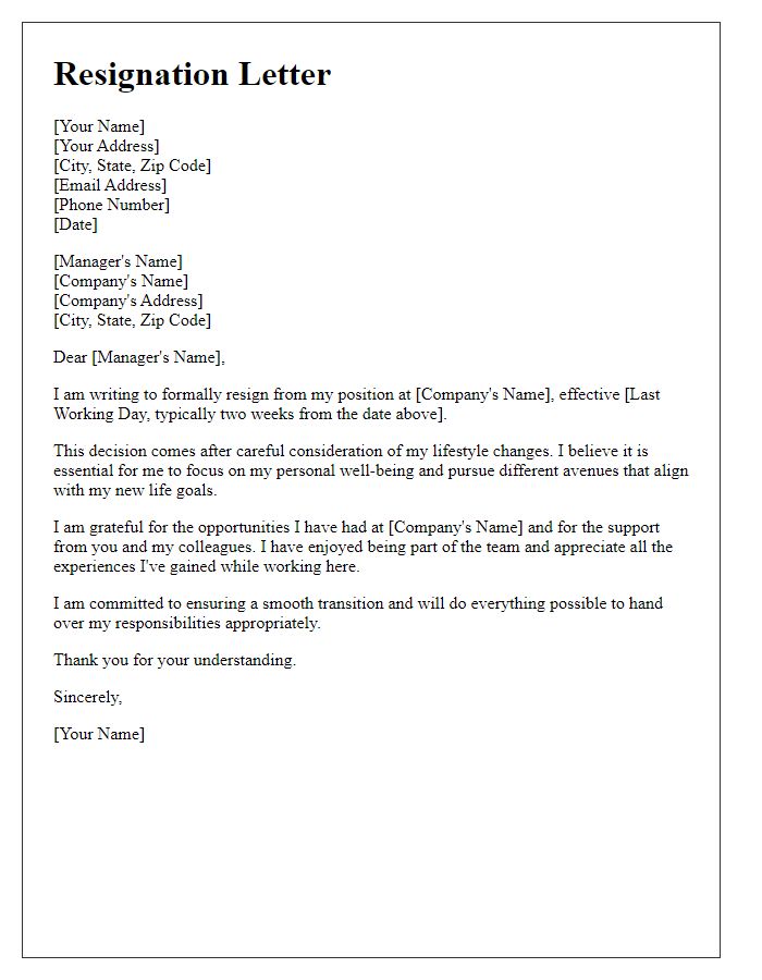 Letter template of resignation for lifestyle changes