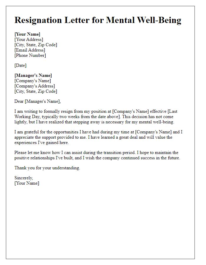 Letter template of resignation for mental well-being