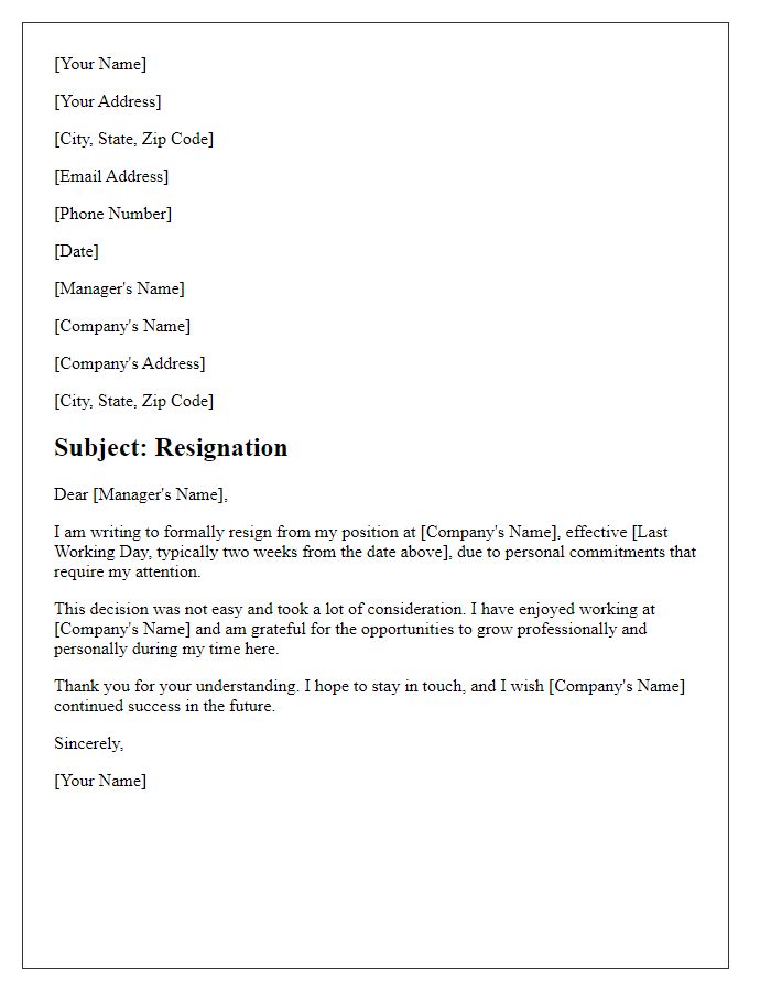 Letter template of resignation for personal commitments