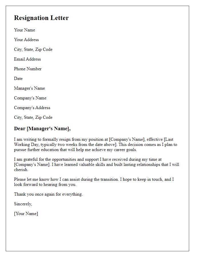 Letter template of resignation for pursuing education