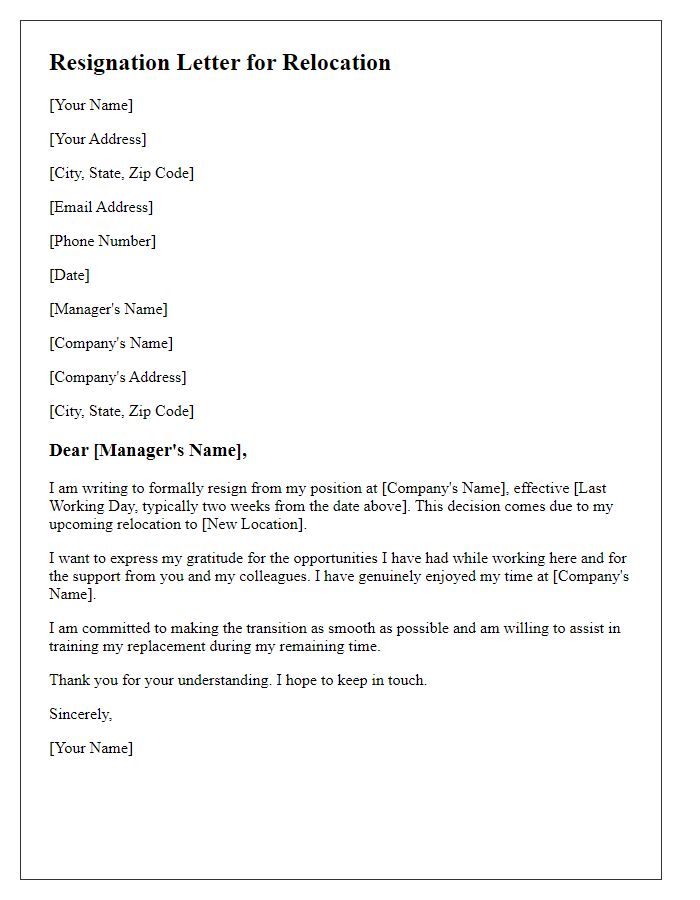 Letter template of resignation for relocation reasons