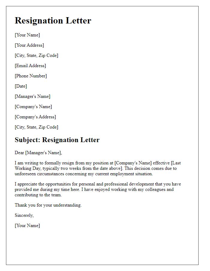 Letter template of resignation for unemployment circumstances