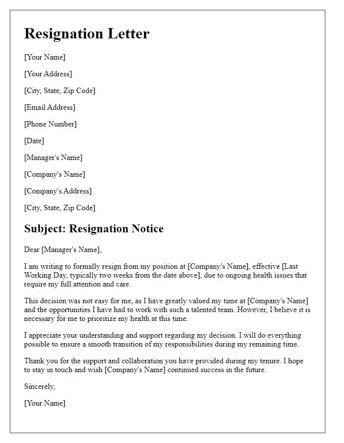 Letter template of resignation citing health issues