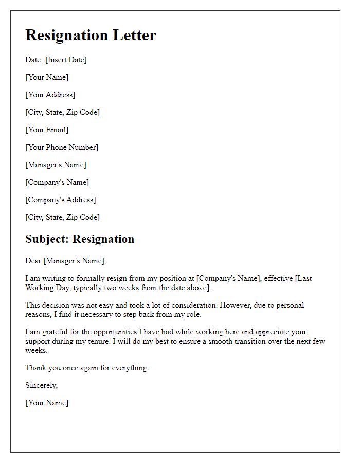 Letter template of resignation due to personal reasons