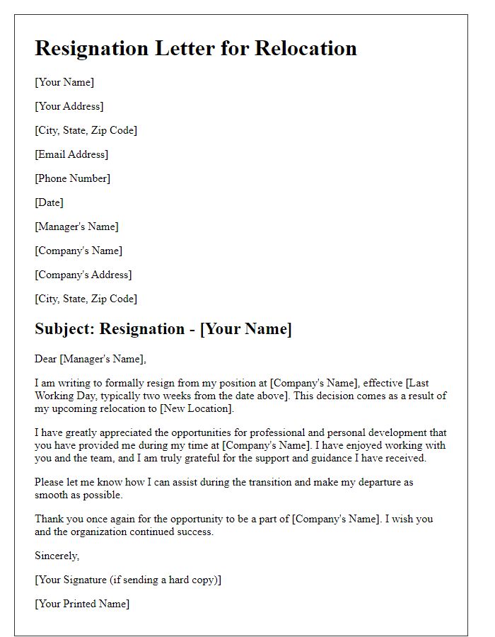 Letter template of resignation for relocation