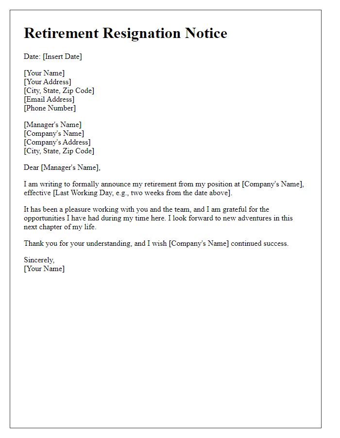 Letter template of brief retirement resignation notice