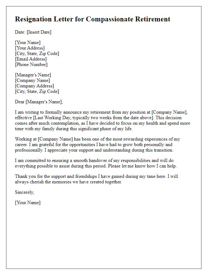 Letter template of compassionate retirement resignation message