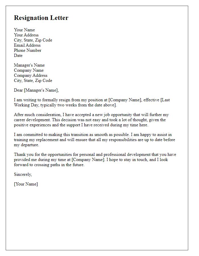 Letter template of formal resignation for new job opportunity