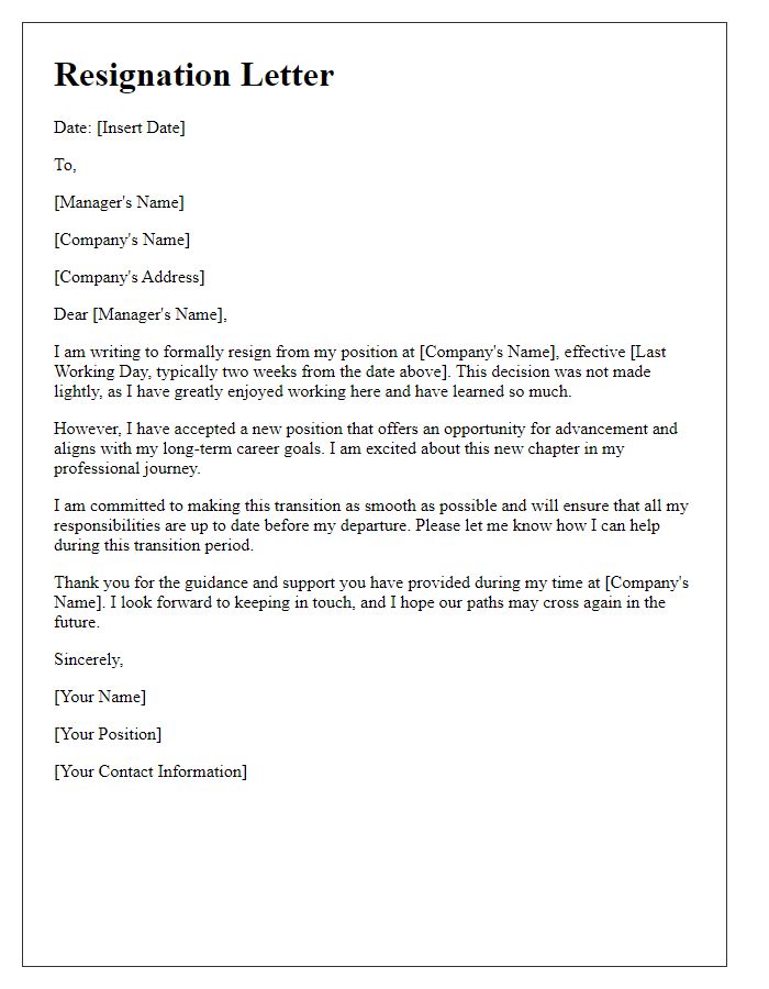 Letter template of resignation for advancement in a new job