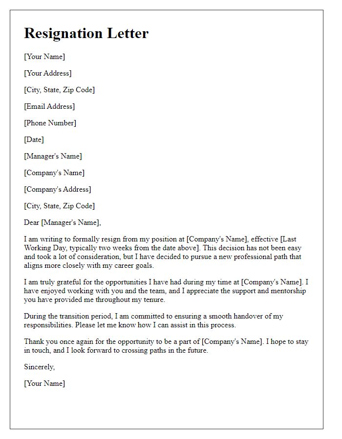 Letter template of resignation to follow a new professional path