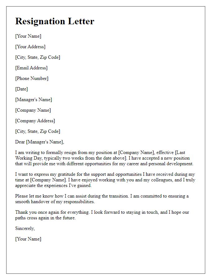 Letter template of resignation indicating acceptance of a new position