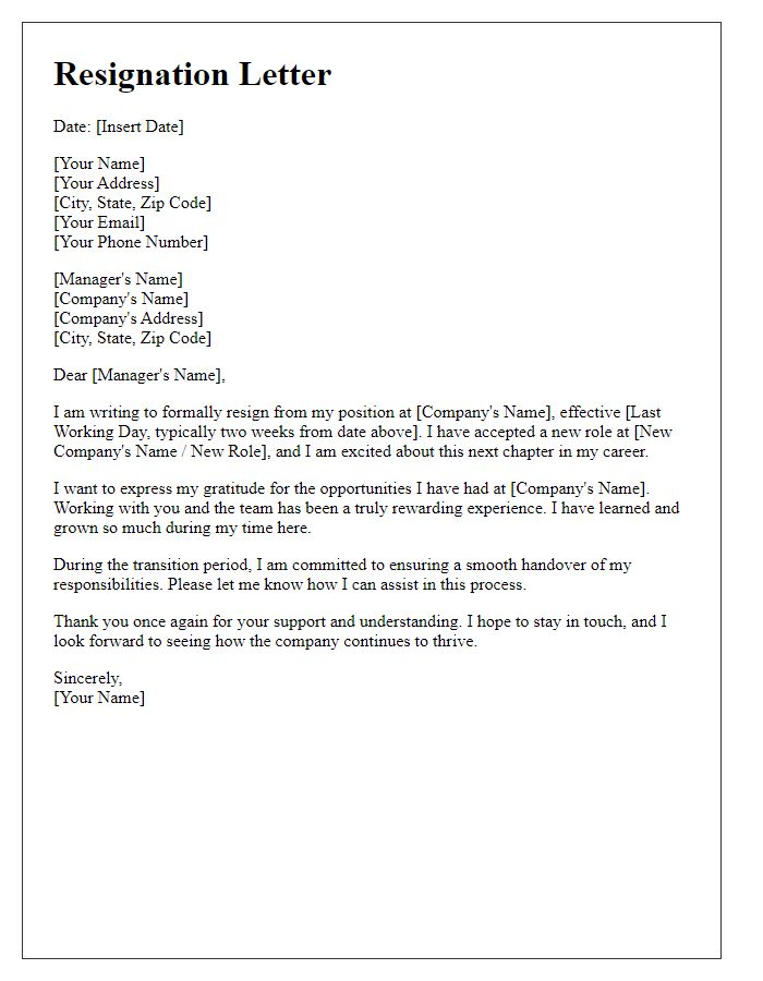 Letter template of resignation letter transitioning to a new role