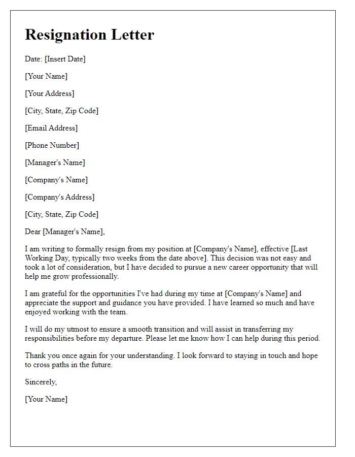 Letter template of resignation to pursue a new career