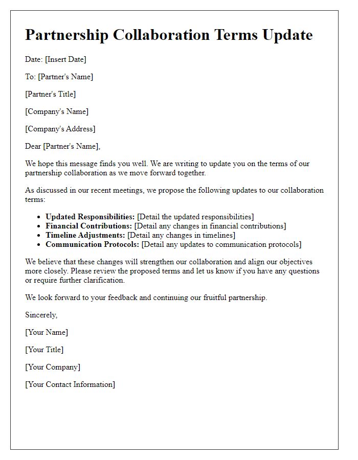 Letter template of partnership collaboration terms update