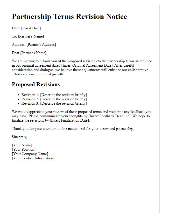 Letter template of partnership terms revision notice