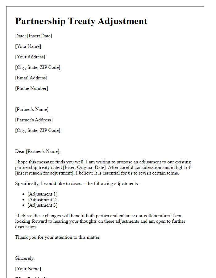 Letter template of partnership treaty adjustment