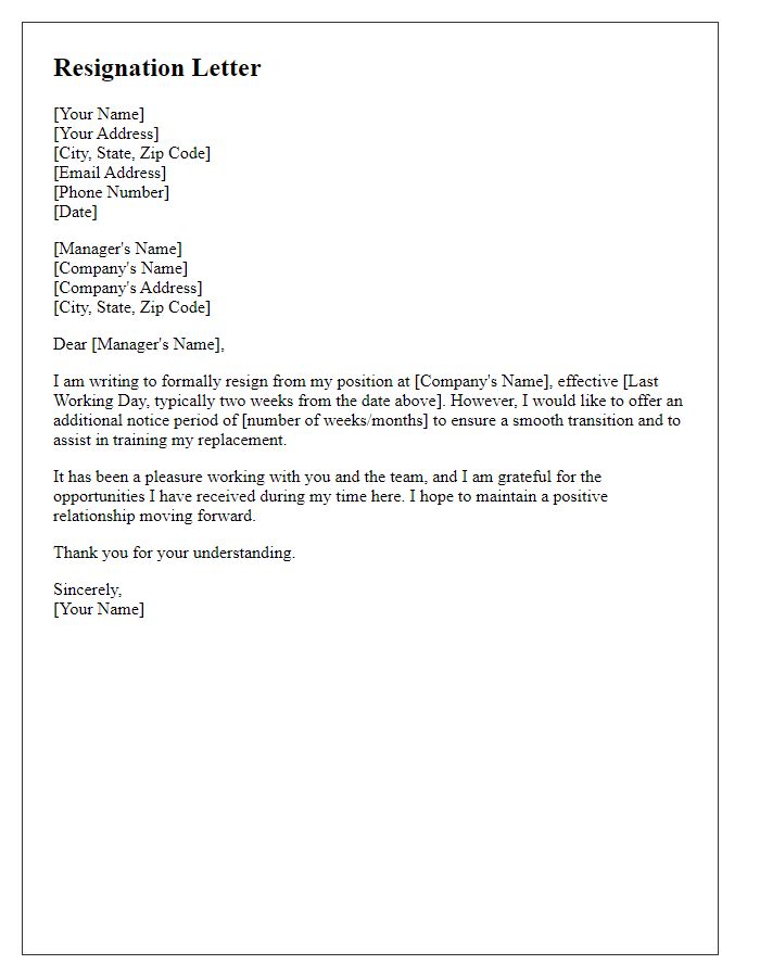 Letter template of resignation with additional notice period