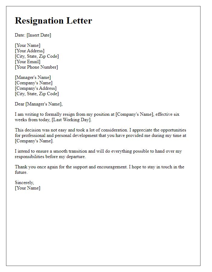 Letter template of resignation featuring a six-week notice