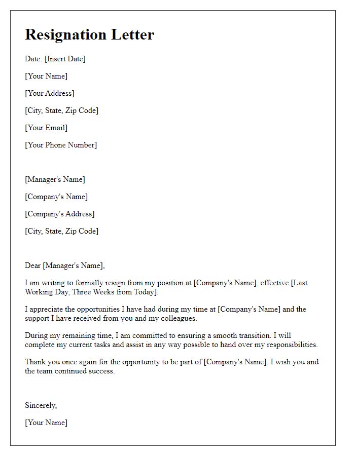 Letter template of resignation with three weeks' notice