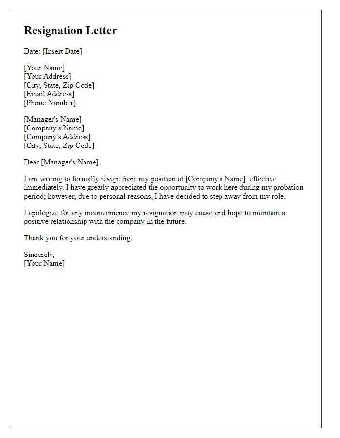 Letter template of resignation during probation period due to personal reasons