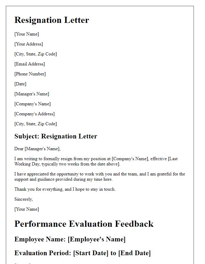 Letter template of resignation and performance evaluation feedback