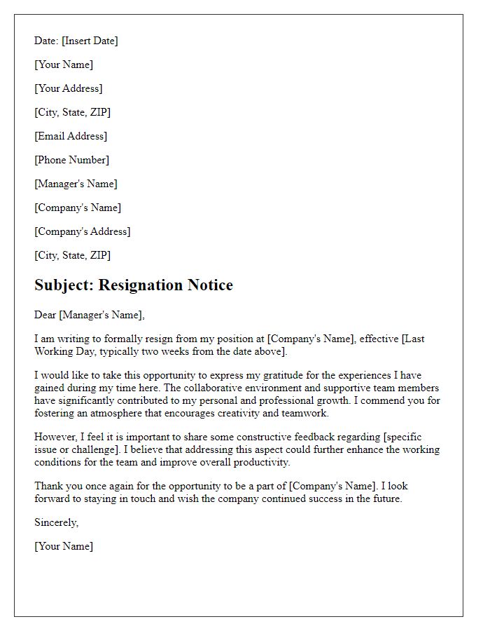 Letter template of resignation containing commendations and criticisms