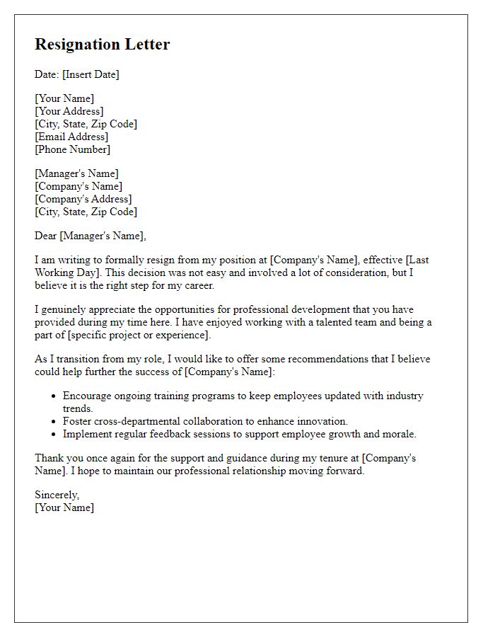 Letter template of resignation featuring recommendations for future growth