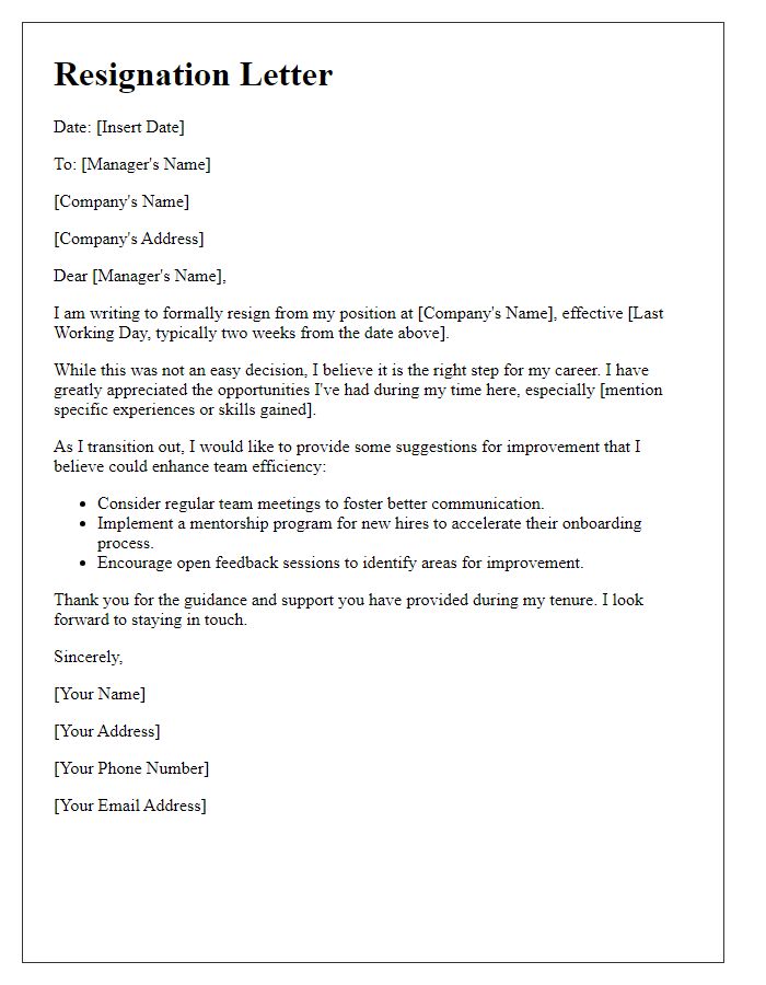 Letter template of resignation including suggestions for improvement