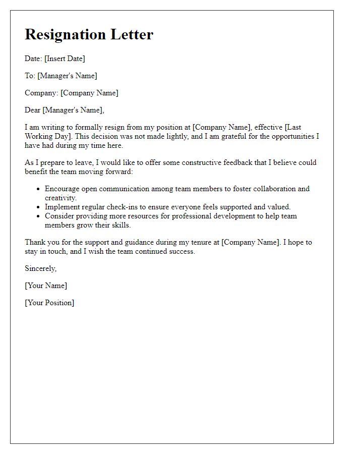 Letter template of resignation that offers helpful advice for team improvement