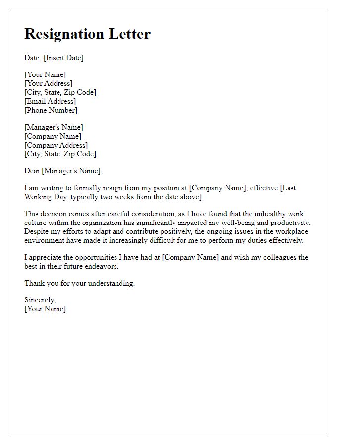 Letter template of resignation because of unhealthy work culture